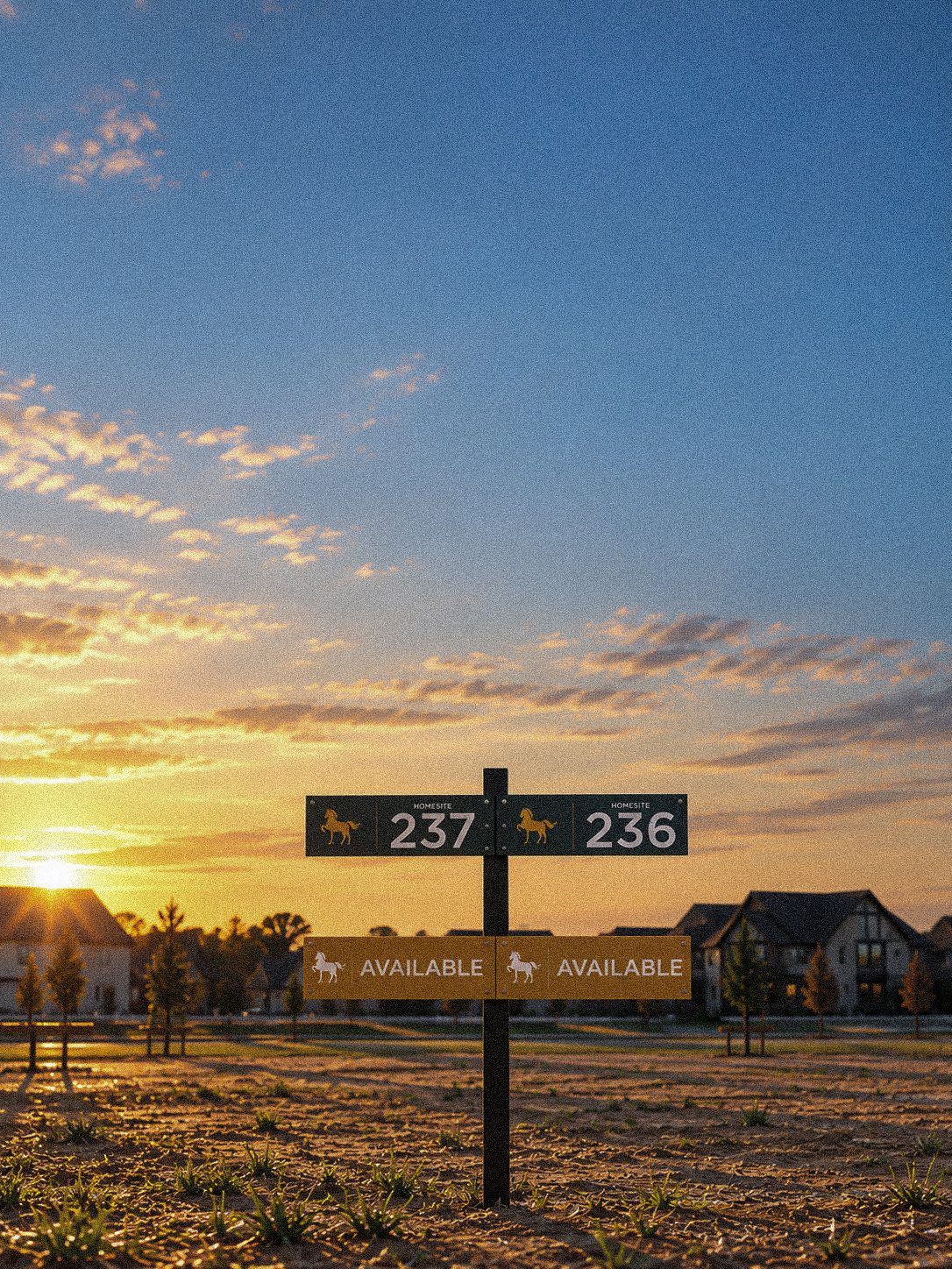 Homesite markers at sunset